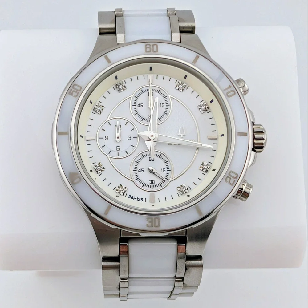 Bulova 98P125 Diamond Chronograph White Ceramic SS Women's Watch 40mm 6